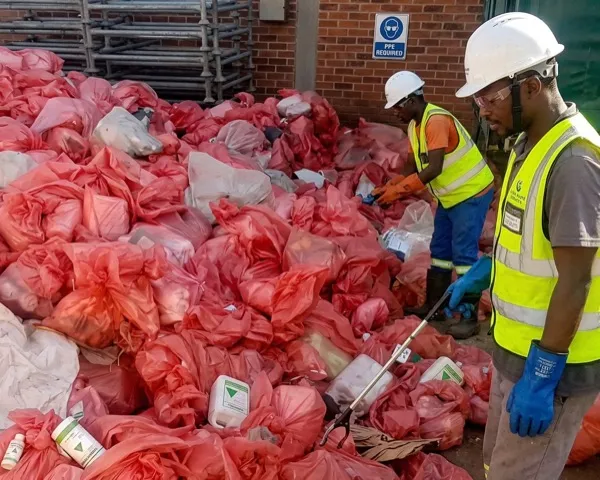 Workers sorting red bin liner waste in PPE